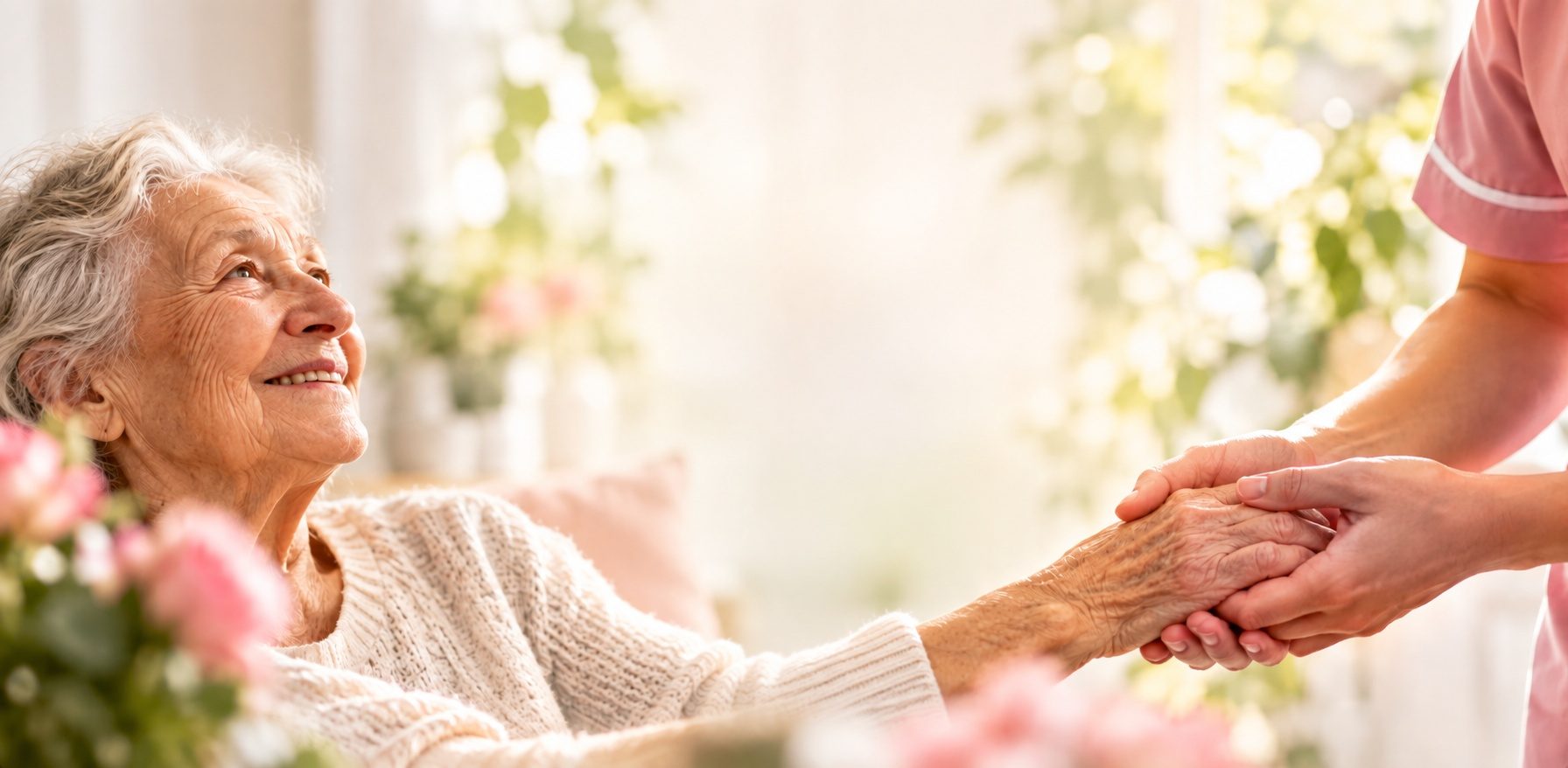 Ältere Dame wird liebevoll von einer Pflegekraft begleitet